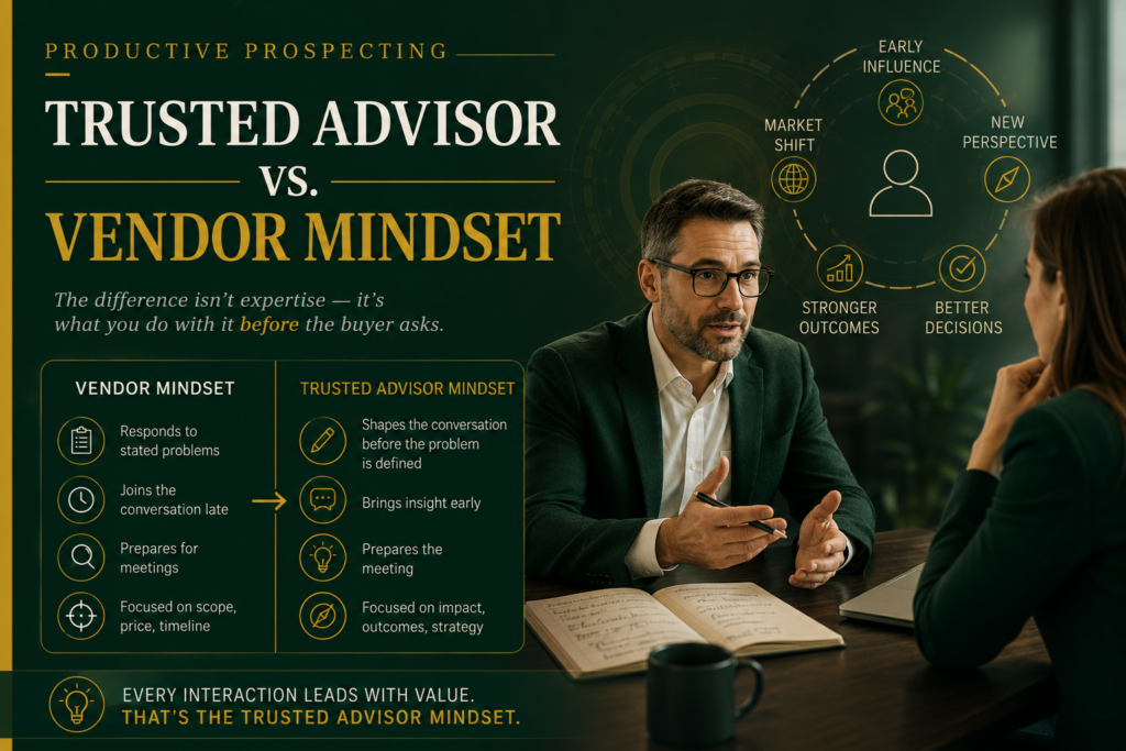 Professional services consultant meeting with a client in a dark green and gold branded office setting, illustrating the difference between a trusted advisor mindset and a vendor mindset through strategic conversation, influence, and value-driven business development.