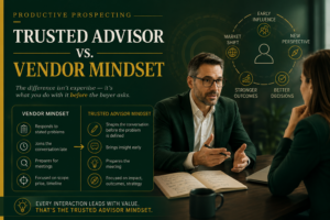 Professional services consultant meeting with a client in a dark green and gold branded office setting, illustrating the difference between a trusted advisor mindset and a vendor mindset through strategic conversation, influence, and value-driven business development.
