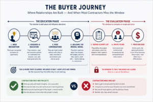 Illustration of the contractor buyer journey showing how trust and project influence are built during the early education phase before a project goes out to bid. The graphic contrasts contractors who engage buyers early through relationships, insights, and educational content versus contractors who enter too late and compete primarily on price.