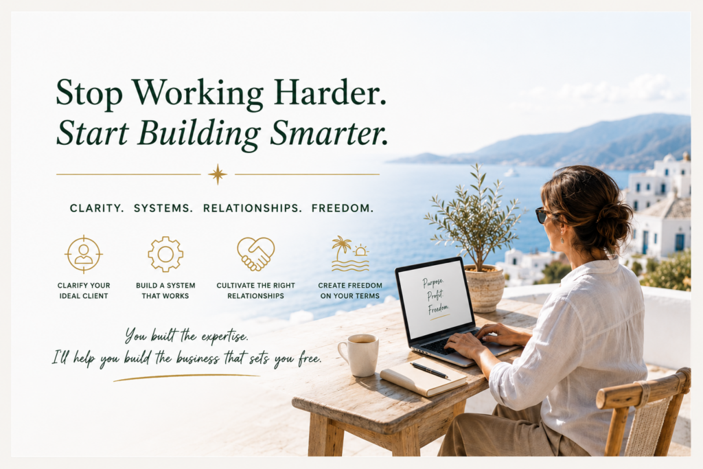 Fractional professional working on laptop from a villa terrace overlooking the Mediterranean
