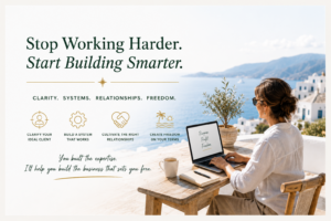 Fractional professional working on laptop from a villa terrace overlooking the Mediterranean