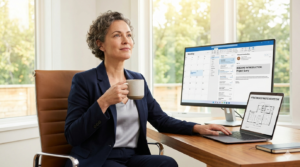 An image of a middle-aged woman with short grey hair and a serene expression, sitting confidently at a wooden desk by a window. She wears a navy blazer and holds a white ceramic mug, gazing into the distance. In front of her, a large monitor shows a 'Monday' calendar and an email with the subject 'INBOUND INTRODUCTION: Project Query,' illustrating a fractional executive who has architected an attraction-based client practice. A laptop displays a blueprint.