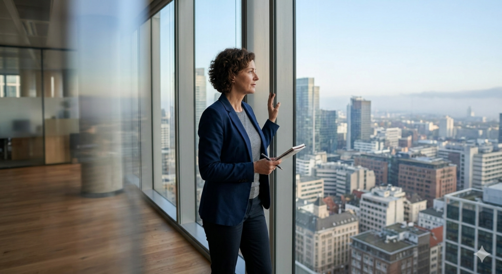 A professional woman stands in a modern, sunlit office, looking thoughtfully out of a floor-to-ceiling window at a sprawling city skyline. She holds a notebook and pen, representing a moment of clarity and strategic reflection amidst a complex, post-pandemic business environment. The image illustrates the shift from professional paralysis to the focused trajectory needed to reach overwhelmed buyers.