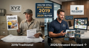 An infographic split into two vertical panels, labeled "2019/Traditional" and "2026/Elevated Standard," with a central banner reading "YOU’RE STILL PITCHING 2019 TO A 2026 BUYER." On the left, under the title "2019/Traditional," a scruffy, older man in a weathered baseball cap sits in a cluttered, dusty construction office with aged file cabinets and scattered blueprints. He holds a piece of paper that reads, "WE DO QUALITY WORK. ON TIME AND ON BUDGET," featuring an image of a hard hat and a handshake. The man looks directly ahead with a skeptical or weary expression, holding another document in his other hand. On the right, under the title "2026/Elevated Standard," a well-dressed younger man in a neat polo shirt with a logo that says "BUILDWISE TECHNOLOGIES" sits in a clean, modern, professionally designed office. He holds a tablet in his hands, pointing towards the screen which displays a 3D building model and a graph showing "Live Progress: 82% Complete." The room has a logo on the wall that reads "BUILDWISE, CLEAN, MODERN DESIGN." The man smiles confidently and is looking towards a desk where another monitor shows multiple software application screens, a tablet showing more project data, and a laptop. The overall layout is a direct comparison, with the central title bridging the two eras.