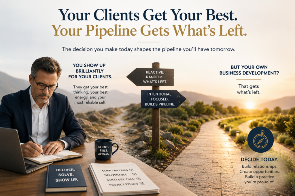 Professional business development illustration showing a successful fractional executive working at a desk beside a forked path. One direction represents reactive, inconsistent prospecting while the other symbolizes intentional relationship building and pipeline growth. The image highlights the challenge many fractional leaders face when they prioritize client work over consistent business development, leading to future revenue gaps and pipeline uncertainty. Inspired by the concept that today's prospecting decisions create tomorrow's opportunities.