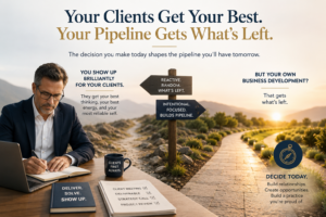 Professional business development illustration showing a successful fractional executive working at a desk beside a forked path. One direction represents reactive, inconsistent prospecting while the other symbolizes intentional relationship building and pipeline growth. The image highlights the challenge many fractional leaders face when they prioritize client work over consistent business development, leading to future revenue gaps and pipeline uncertainty. Inspired by the concept that today's prospecting decisions create tomorrow's opportunities.