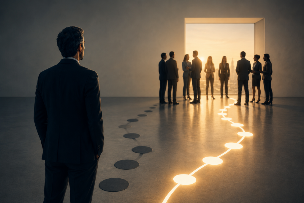 Professional businesspeople gather in a trusted network conversation while a lone professional stands at a distance, illustrating the trust gap between receiving a referral and becoming the preferred choice. The image represents relationship building, influence, networking, referral marketing, and business development for consultants, attorneys, accountants, contractors, real estate professionals, and fractional executives.