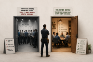 A contractor stands between two open doorways representing two paths to business growth. On the left, a crowded bid room symbolizes price competition and transactional selling. On the right, a smaller meeting of trusted advisors illustrates relationship-based business development, strategic insight, and long-term partnerships. The image contrasts competing on price with earning a place in a client's trusted inner circle through expertise, better questions, and advisory value.