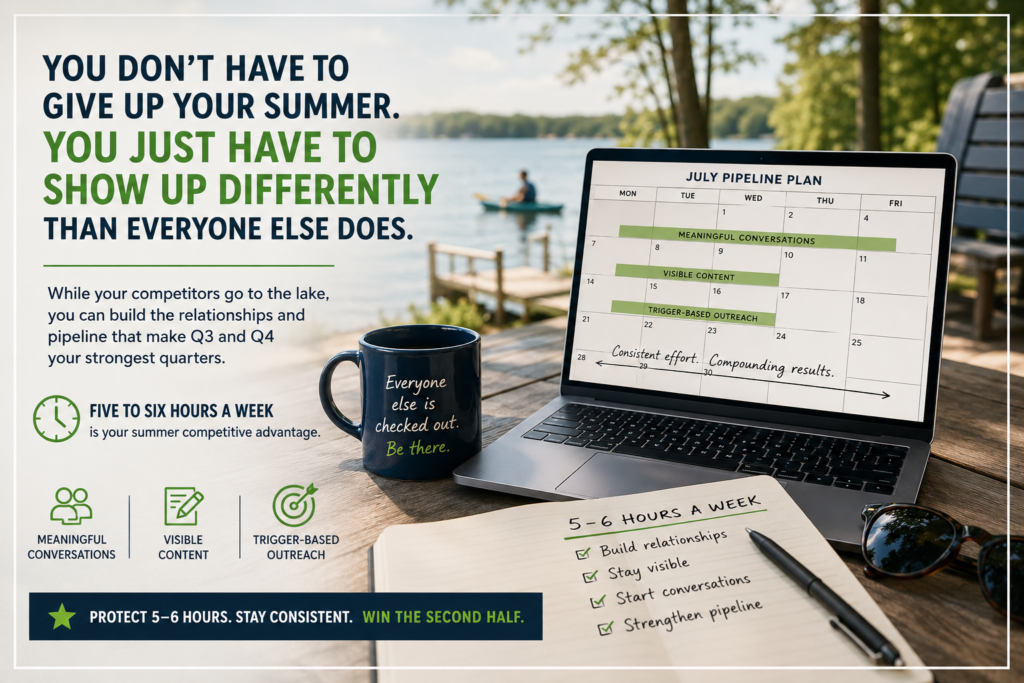 Professional services professional planning summer business development activities on a laptop by a lake, highlighting how consistent prospecting creates a stronger pipeline and competitive advantage.