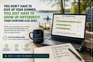 Professional services professional planning summer business development activities on a laptop by a lake, highlighting how consistent prospecting creates a stronger pipeline and competitive advantage.