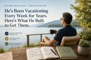 A professional relaxes on a lakeside deck with a cup of coffee, overlooking calm water while reviewing a notebook about intentional relationship building. The image symbolizes a business built through consistent referral partnerships, purposeful prospecting, and long-term client relationships that create the freedom to enjoy work and life without constantly chasing new opportunities.