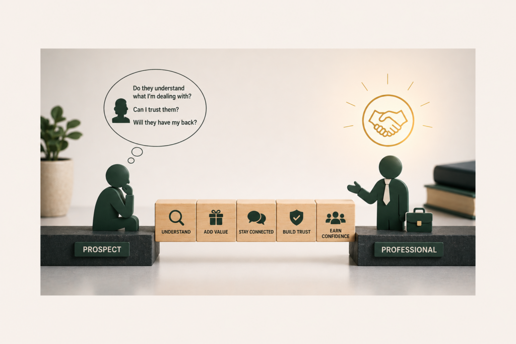 Conceptual business illustration showing a professional and a prospect separated by a bridge made of wooden blocks labeled *Understand, Add Value, Stay Connected, Build Trust,* and *Earn Confidence*. The prospect is shown thoughtfully considering questions such as "Do they understand what I'm dealing with?", "Can I trust them?", and "Will they have my back?" while the professional stands ready to engage. The image illustrates how intentional relationship-building transforms initial conversations into trusted business relationships.
