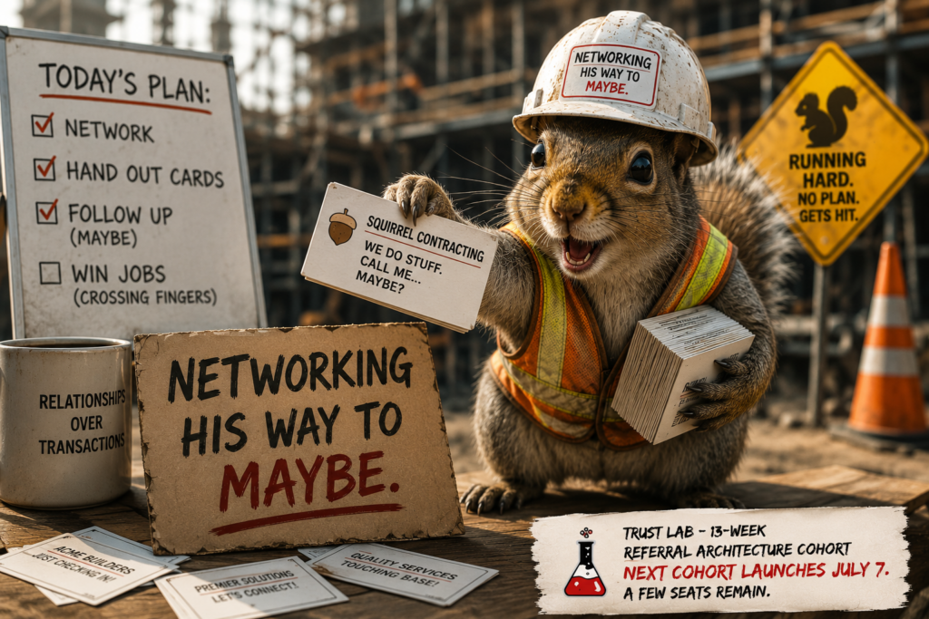 A humorous horizontal illustration shows a squirrel wearing a construction safety vest and hard hat while enthusiastically handing out business cards and carrying a large stack of them at an active construction site. A handmade sign in front reads, "Networking His Way to Maybe." A nearby whiteboard humorously lists networking tasks while leaving "Win Jobs" unchecked, and a yellow road sign in the background warns, "Running Hard. No Plan. Gets Hit." The image playfully illustrates the difference between networking activity and having a strategic relationship-building approach, reinforcing the blog's message that influence—not endless networking—creates a predictable sales pipeline.