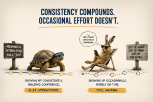 A humorous horizontal illustration comparing consistency versus occasional effort in business development. On the left, a determined tortoise wearing a headband labeled "Consistent" steadily moves along a path of completed checkmarks beside a sign reading "Meaningful Interactions Build Trust." On the right, a relaxed rabbit lounges in a beach chair scrolling a smartphone with a thought bubble saying, "I'll circle back when I need something," beside a sign reading "Out of Sight. Out of Mind. Out of the Intro." Across the top, bold text states, "Consistency Compounds. Occasional Effort Doesn't." The image reinforces that consistent relationship-building creates trust and referrals, while sporadic outreach delays results.