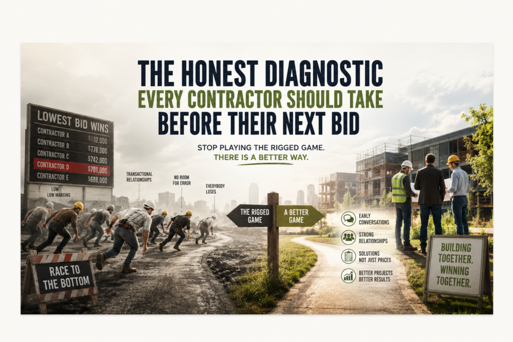 Construction professionals at a crossroads between competitive bidding and relationship-based business development, illustrating the choice between the race to the bottom on price and building trusted partnerships that lead to better projects, stronger margins, and long-term success.