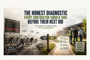 Construction professionals at a crossroads between competitive bidding and relationship-based business development, illustrating the choice between the race to the bottom on price and building trusted partnerships that lead to better projects, stronger margins, and long-term success.