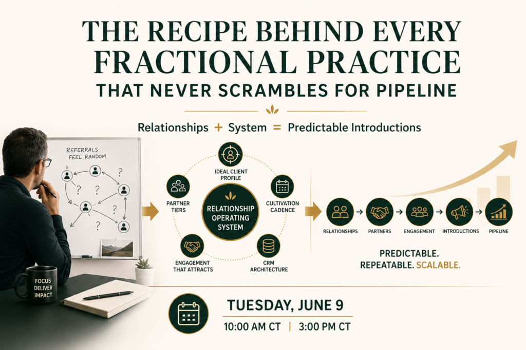 A professional fractional executive studies a whiteboard filled with disconnected referral relationships, illustrating the challenge of unpredictable business development. At the center of the image, a Relationship Operating System connects ideal client profiles, referral partner tiers, cultivation cadence, engagement activities, and CRM architecture into a repeatable framework. A visual pathway shows relationships transforming into introductions and a growing pipeline, emphasizing how intentional relationship management creates predictable business growth. The image features SalezWorks-inspired dark green and gold branding and promotes a June 9 workshop on building a referral-driven fractional practice.