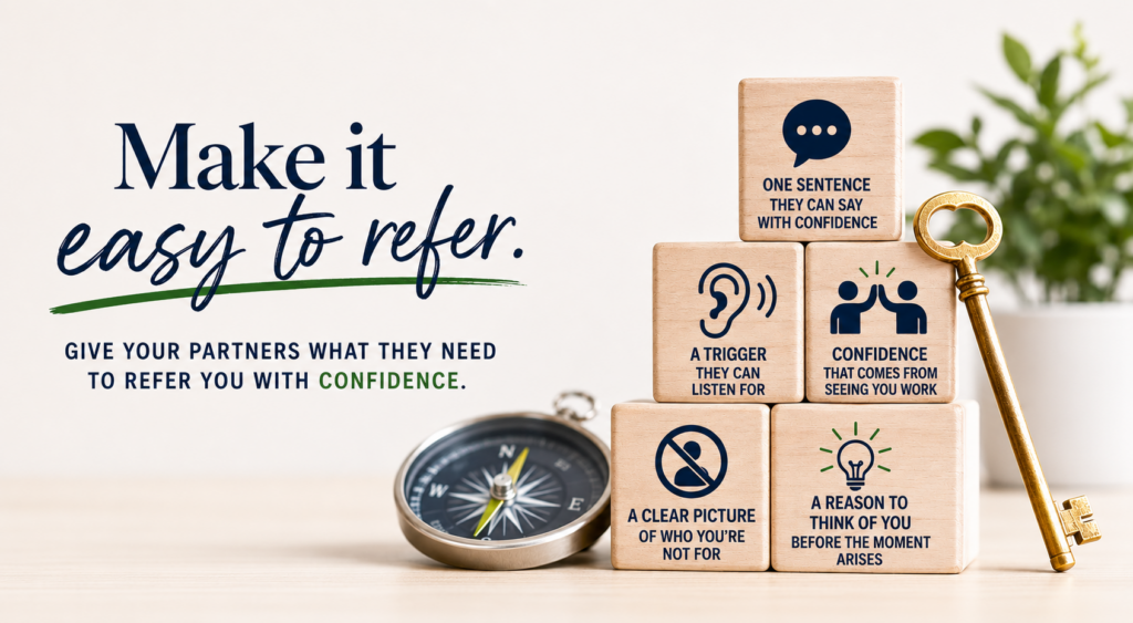 Professional business illustration showing a structured referral strategy. Five wooden blocks represent the key elements of becoming easy to refer: a clear message, referral triggers, demonstrated expertise, ideal client clarity, and consistent visibility. A compass and gold key symbolize direction and opportunity, while the headline reads "Make it Easy to Refer." The image emphasizes how trusted relationships and clear positioning help professionals generate more referrals and business growth.