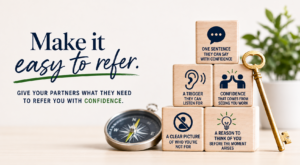 Professional business illustration showing a structured referral strategy. Five wooden blocks represent the key elements of becoming easy to refer: a clear message, referral triggers, demonstrated expertise, ideal client clarity, and consistent visibility. A compass and gold key symbolize direction and opportunity, while the headline reads "Make it Easy to Refer." The image emphasizes how trusted relationships and clear positioning help professionals generate more referrals and business growth.