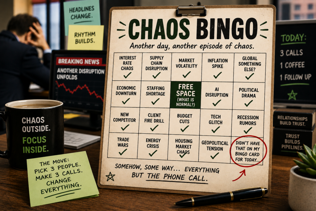 A humorous office-themed illustration features a large **"Chaos Bingo"** card filled with modern business disruptions, including interest rate chaos, supply chain disruption, market volatility, AI disruption, staffing shortages, client fire drills, and political drama. Every square is checked except one circled square reading, *"Didn't have that on my bingo card for today."* A stressed professional works in the blurred background while a coffee mug reads, *"Chaos Outside. Focus Inside."* A sticky note reminds viewers to *"Pick 3 people. Make 3 calls. Change everything."* The image reinforces the message that while chaos is unavoidable, consistent relationship-building is what keeps a business pipeline healthy.