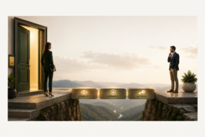 A professional business illustration shows two professionals standing on opposite sides of a wide gap. On the left, a consultant stands in the doorway of an open office, symbolizing a referral or introduction. Across the gap, a prospective client waits thoughtfully. Three illuminated stepping stones labeled Visibility, Credibility, and Access form a bridge between them, representing the trust-building journey required to turn a referral into a client. Warm golden light and a clean, modern business setting reinforce themes of relationship-building, trust, and strategic growth.