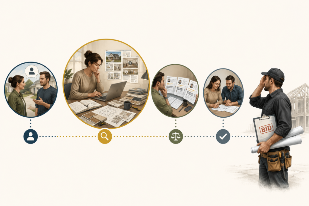 Illustration of a homeowner's buying journey shown as a four-stage timeline. The sequence begins with receiving a contractor referral, followed by researching project options on a laptop, comparing multiple contractors and bids, and finally making a hiring decision. At the end of the timeline, a contractor holding blueprints and a bid folder arrives after the buyer has already completed most of the decision-making process. The image illustrates how contractors who wait until the bid stage miss critical opportunities to build trust during the buyer's research and comparison phases.