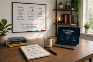 A clean, modern office workspace symbolizes the journey of building a successful fractional practice. A whiteboard highlights the concepts of focus, clarity, and impact with simple illustrations and the message, "Get a new fractional to revenue quickly." On the desk, a notebook lists three self-assessment questions about focus, expertise, and value-based pricing alongside a coffee mug reading "Clarity. Focus. Results." and a laptop displaying "Fractional Works." The warm, professional setting conveys strategic reflection, honest evaluation, and the discipline of refining a business around proven expertise rather than constant pivoting.