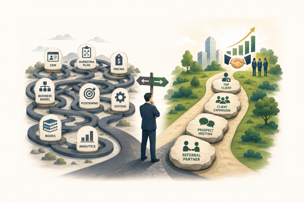 A modern editorial-style illustration shows a professional business consultant standing at a fork in the road, choosing between two paths representing different approaches to business development. On the left, a looping maze is filled with icons labeled CRM, Marketing Plan, Pricing, Business Model, Positioning, Systems, Books, and Analytics, symbolizing productive-looking activities that ultimately lead nowhere. On the right, four large stepping stones labeled Referral Partner, Prospect Meeting, Client Expansion, and Top Client lead toward a thriving business landscape with an upward-trending graph, a handshake, and successful client relationships. The image illustrates the contrast between staying busy with internal tasks and focusing on the conversations that actually drive revenue growth.