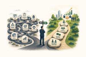 A modern editorial-style illustration shows a professional business consultant standing at a fork in the road, choosing between two paths representing different approaches to business development. On the left, a looping maze is filled with icons labeled CRM, Marketing Plan, Pricing, Business Model, Positioning, Systems, Books, and Analytics, symbolizing productive-looking activities that ultimately lead nowhere. On the right, four large stepping stones labeled Referral Partner, Prospect Meeting, Client Expansion, and Top Client lead toward a thriving business landscape with an upward-trending graph, a handshake, and successful client relationships. The image illustrates the contrast between staying busy with internal tasks and focusing on the conversations that actually drive revenue growth.
