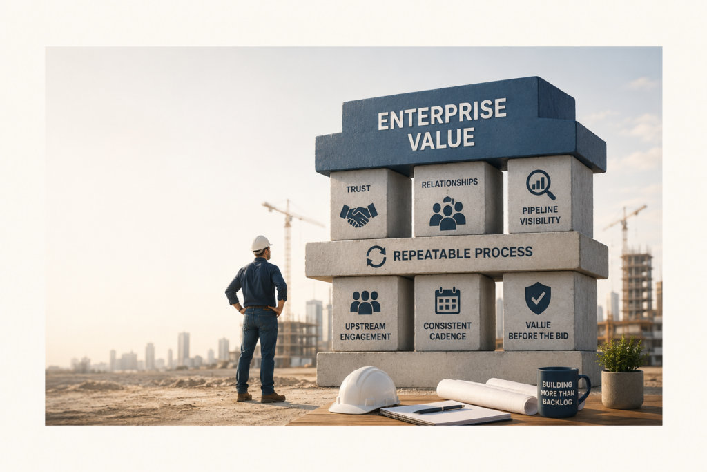 A commercial contractor stands on an active construction site, looking toward a massive structure built from stacked concrete blocks labeled with concepts such as Enterprise Value, Trust, Relationships, Pipeline Visibility, Repeatable Process, Upstream Engagement, Consistent Cadence, and Value Before the Bid. Cranes and partially completed buildings rise in the background, symbolizing long-term business growth. The illustration conveys that enterprise value is built through repeatable systems and strategic relationships—not simply by winning more bids. The composition leaves generous empty space around the edges for blog title and branding overlays.