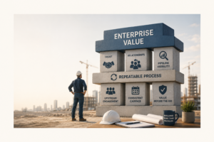 A commercial contractor stands on an active construction site, looking toward a massive structure built from stacked concrete blocks labeled with concepts such as Enterprise Value, Trust, Relationships, Pipeline Visibility, Repeatable Process, Upstream Engagement, Consistent Cadence, and Value Before the Bid. Cranes and partially completed buildings rise in the background, symbolizing long-term business growth. The illustration conveys that enterprise value is built through repeatable systems and strategic relationships—not simply by winning more bids. The composition leaves generous empty space around the edges for blog title and branding overlays.
