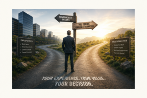 A wide, cinematic illustration of a business professional standing at a fork in the road, facing two distinctly different career paths. The left path leads through a modern corporate skyline beneath a sign reading "Someone Else Decides," symbolizing traditional employment. The right path winds toward a bright sunrise and open landscape beneath a sign reading "You Decide Your Next Chapter," representing entrepreneurship and fractional consulting. Informational signboards compare the two paths, emphasizing control, ownership, and multiple client engagements. The composition leaves generous blank space around the edges for a blog title overlay and visually reinforces the idea of taking ownership of one's career rather than allowing others to determine its future. Inspired by the blog's central question: Who Decides Your Career Is Over?