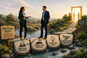 Two business professionals stand on stepping stones across a flowing stream, representing the journey of building trust through meaningful interactions. Each stone symbolizes a key emotional equity deposit—understanding a client's world, addressing obstacles, delivering real value, and solving problems to earn trust. In the distance, an open doorway with a handshake illustrates that signing a contract is the natural next step after a relationship has been built. The scene uses warm lighting and a professional, optimistic style to convey that trust accumulates over time before a sale is ever made.