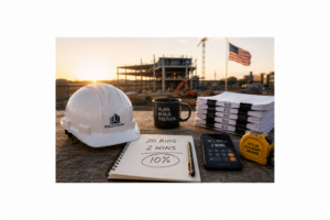 A horizontal photo-realistic image of a construction jobsite at sunset viewed from a weathered wooden table. In the foreground are a white hard hat, a notebook displaying the handwritten calculation "20 Bids, 2 Wins, 10%," a pen, a smartphone showing the same win-rate calculation, a stack of bid documents, a black coffee mug, and a yellow tape measure labeled "Focus on Relationships. Win Work." A partially completed steel-frame building, construction equipment, and an American flag appear softly out of focus in the background. The composition emphasizes the hidden cost of competitive bidding and the growing importance of relationships in winning construction projects, while leaving generous margins around the image for use as a blog or social media header.