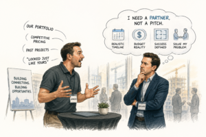 A contractor enthusiastically dominates a networking conversation, gesturing as he talks about his portfolio, competitive pricing, and past projects while a thoughtful commercial developer listens silently with arms crossed. A large thought bubble above the developer reads, “I Need a Partner, Not a Pitch,” surrounded by icons representing realistic timelines, budget certainty, clear project success, and collaborative problem-solving. Other professionals mingle in the background at a construction industry networking event, reinforcing the article’s message that buyers choose partners who listen and understand their challenges rather than vendors who simply promote their credentials.