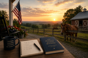 A peaceful rural farm at sunset features an American flag hanging from a farmhouse porch overlooking a horse pasture. In the foreground, a wooden table holds a coffee mug, an open notebook, and a book about building a professional practice through relationships. One horse stands at the fence with its head over the rail as if waiting for dinner, while another grazes quietly in the pasture near a red barn. The warm golden light creates a reflective, hopeful atmosphere that symbolizes freedom, consistency, and the long-term rewards of intentionally building a business and meaningful relationships.