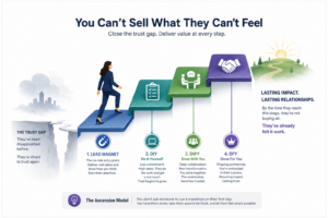 Illustration of the Ascension Model showing a buyer climbing four progressive stages—Lead Magnet, DIY, Done With You, and Done For You—moving from the trust gap toward lasting client relationships and recurring partnerships.
