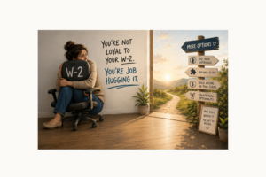 Illustration of a professional clinging tightly to an office chair labeled “W-2,” representing job hugging and fear of an uncertain job market. An open doorway reveals a bright path toward a signpost offering more options, including using your experience, defining your scope, building income on your terms, and creating real optionality.