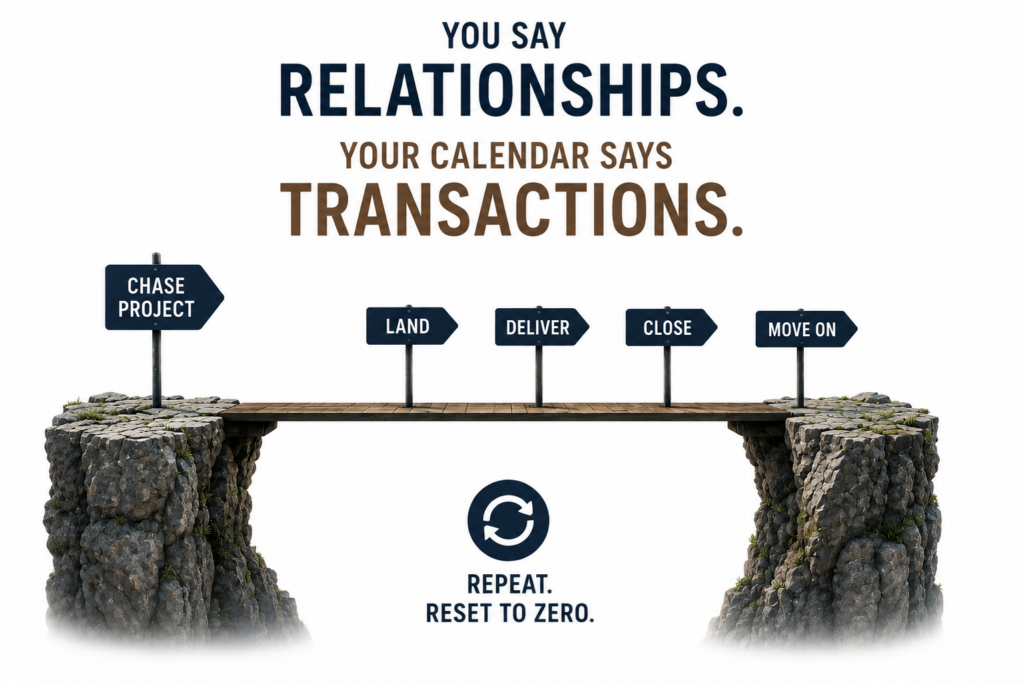 Illustration contrasting relationship-focused messaging with transactional business behavior. A bridge spans two cliffs beneath the words “You say relationships. Your calendar says transactions,” with signs marking the cycle: chase project, land, deliver, close, and move on. A reset symbol below reads “Repeat. Reset to zero,” illustrating how project-based client relationships fail to build lasting enterprise value.