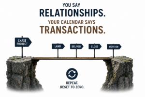 Illustration contrasting relationship-focused messaging with transactional business behavior. A bridge spans two cliffs beneath the words “You say relationships. Your calendar says transactions,” with signs marking the cycle: chase project, land, deliver, close, and move on. A reset symbol below reads “Repeat. Reset to zero,” illustrating how project-based client relationships fail to build lasting enterprise value.