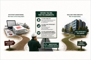 Construction bid strategy infographic showing a contractor evaluating three diagnostic questions before bidding: project fit, likelihood of winning, and buyer relationship potential. Contrasts the “superficial yes” that wastes bid hours with the “reflexive no” that misses profitable opportunities, leading to smarter bids, lower risk, stronger relationships, and higher margins.