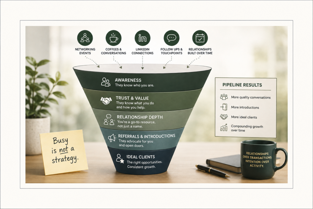 Horizontal business illustration showing a relationship-driven sales pipeline as a large funnel on a clean desktop. Icons representing networking events, coffee meetings, LinkedIn connections, follow-ups, and ongoing relationships flow into the funnel, progressing through stages labeled Awareness, Trust & Value, Relationship Depth, Referrals & Introductions, and Ideal Clients. A sticky note in the foreground reads, "Busy is not a strategy," reinforcing the message that consistent relationship-building—not networking activity alone—creates a sustainable pipeline of referrals, introductions, and ideal clients. Ample white space surrounds the composition for blog title placement.