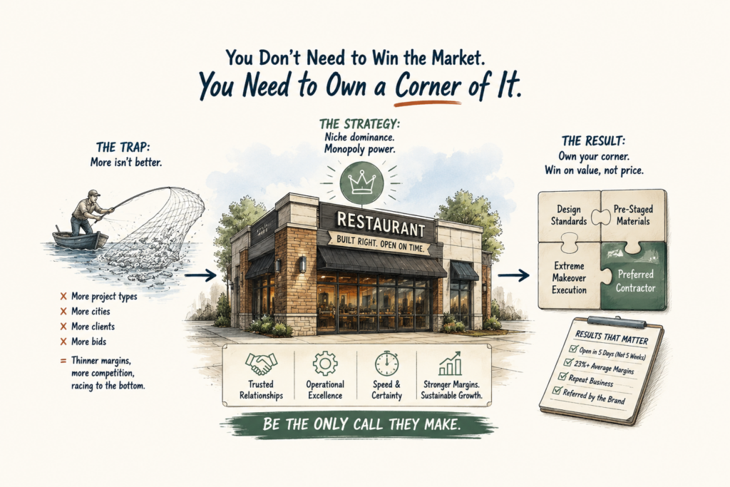 Illustration showing a contractor’s path from competing broadly on more projects, cities, clients, and bids to owning a profitable niche. A restaurant renovation represents niche specialization, supported by trusted relationships, operational excellence, speed, and certainty. Puzzle pieces and a results checklist show the outcome: preferred-contractor status, repeat business, faster project delivery, and stronger 23%+ margins.