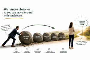 Business professional removes boulders representing buyer obstacles such as unclear scope, past bad experiences, uncertain ROI, risk, and timing, creating a clear path toward a confident buying decision.