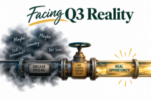 Facing Q3 Reality” illustration showing a smoky, unclear sales pipeline filled with “Maybe,” “Someday,” and uncertain opportunities passing through a clarity valve into a bright, clearly defined “Real Opportunity."