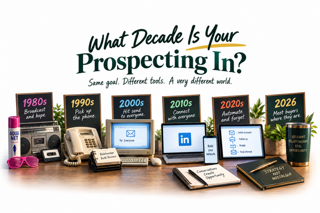 Illustration titled “What Decade Is Your Prospecting In?” showing the evolution of sales prospecting from the 1980s through 2026, with era-specific tools including a phone, email, LinkedIn, and automation, progressing toward a modern relationship-focused prospecting strategy.
