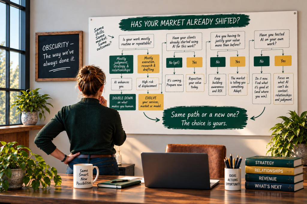 Woman studying an AI market-shift decision tree that asks professionals to evaluate routine work, client AI adoption, changing value, and opportunities to adapt.