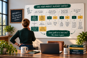 Woman studying an AI market-shift decision tree that asks professionals to evaluate routine work, client AI adoption, changing value, and opportunities to adapt.