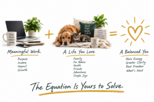 Work-life harmony equation showing meaningful work plus a life you love, represented by family, fur babies, health, friends and adventures, equaling a balanced life.
