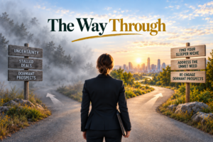 Businesswoman stands at a fork in the road between a foggy path representing uncertainty and stalled opportunities and a sunlit path toward a city representing strategies for finding new revenue opportunities, beneath the headline “The Way Through.”